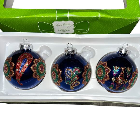 VERA BRADLEY VENETIAN PAISLEY BLUE COLORFUL SET OF 3 ORNAMENTS BOXED Holiday - Picture 3 of 6